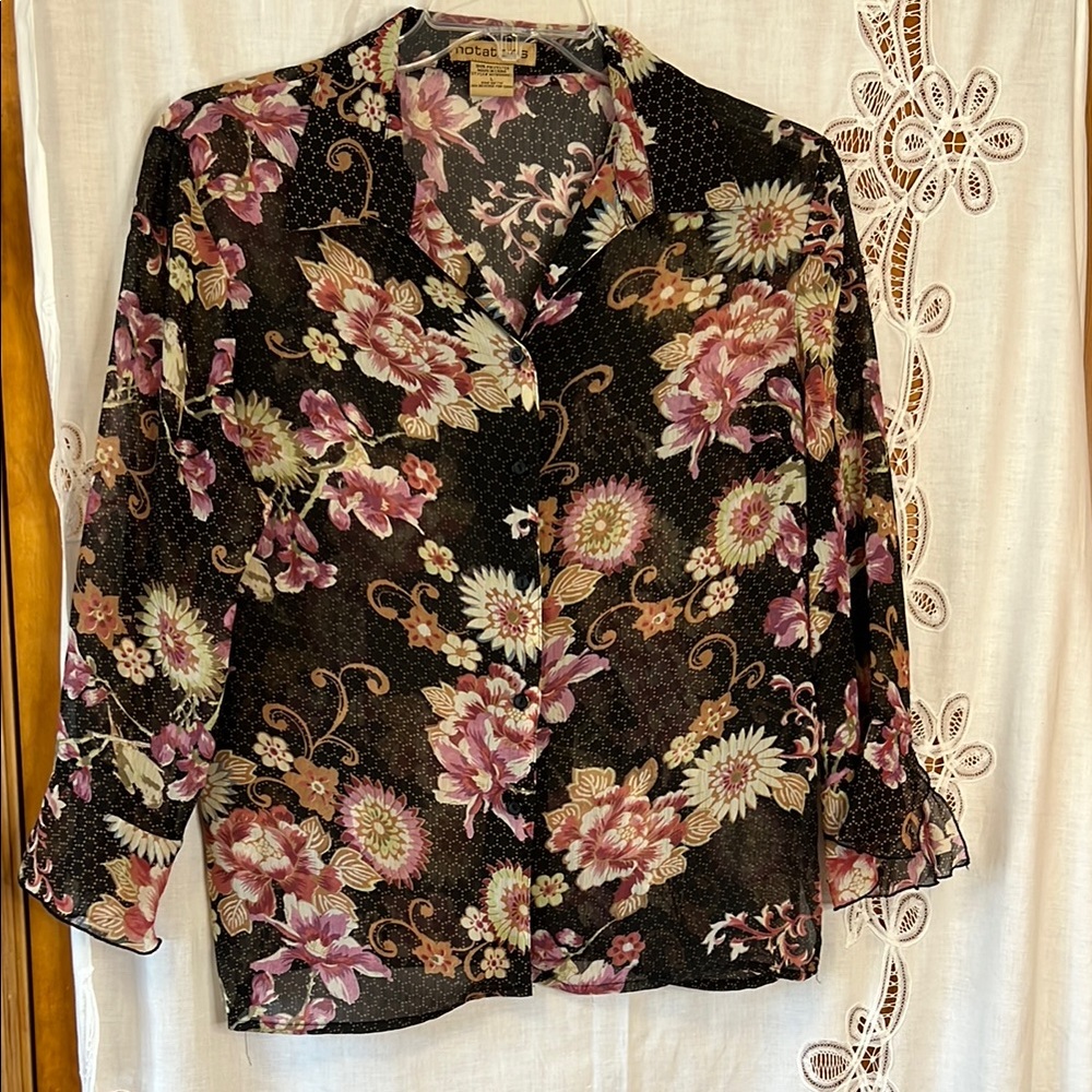 Notations Sheer Floral Blouse Black Pink 3/4 Sleeve Size L